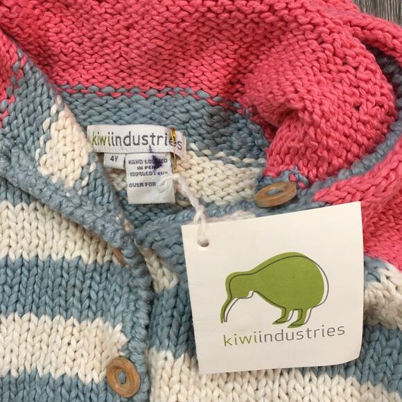 NWT Kiwi industries Hand Loomed 100% cotton cardigan blue pink white 4T Girl - Picture 3 of 7